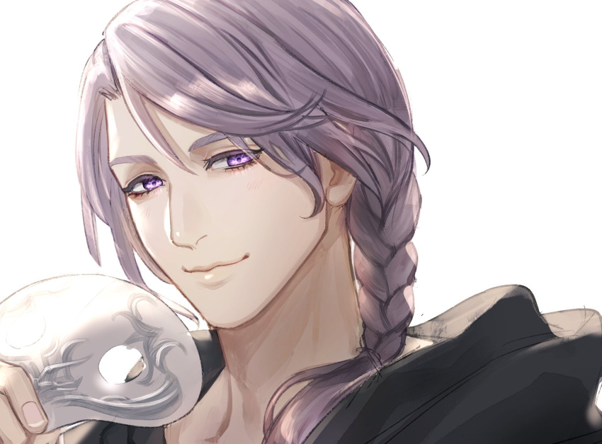 1boy androgynous bishounen braid close-up commentary final_fantasy final_fantasy_xiv from_side hand_up highres holding holding_mask hythlodaeus looking_at_viewer male_focus mask medium_hair portrait purple_eyes purple_hair sagenoodles side_braid simple_background single_braid smile solo swept_bangs white_background white_mask