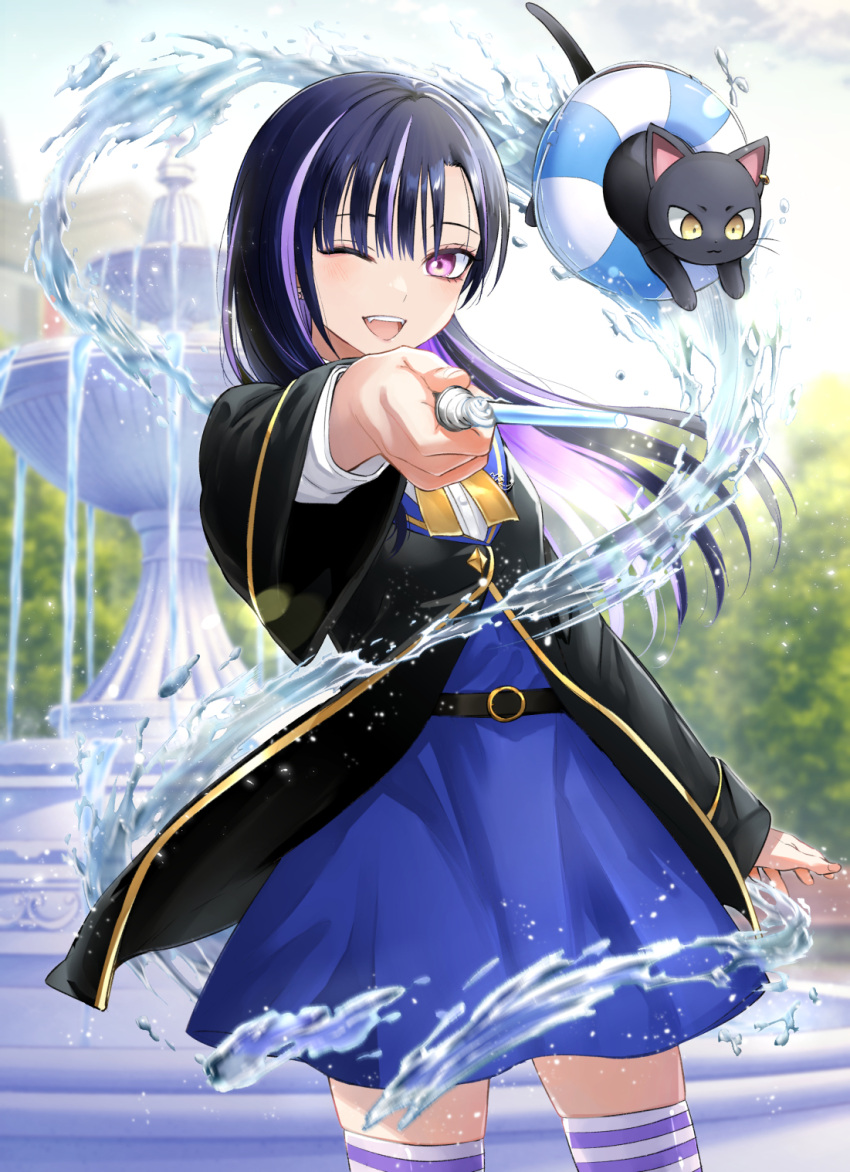 ;d animal aria_aquarius bangs black_cat black_hair black_jacket blue_skirt blurry blurry_background bow cat commentary_request depth_of_field fangs fountain high-waist_skirt highres holding holding_wand hydrokinesis jacket kuroneko_to_majo_no_kyoushitsu lifebuoy long_hair looking_at_viewer multicolored_hair natsupa one_eye_closed outdoors purple_eyes purple_hair shirt skirt smile standing streaked_hair striped striped_thighhighs thighhighs very_long_hair wand water white_shirt yellow_bow