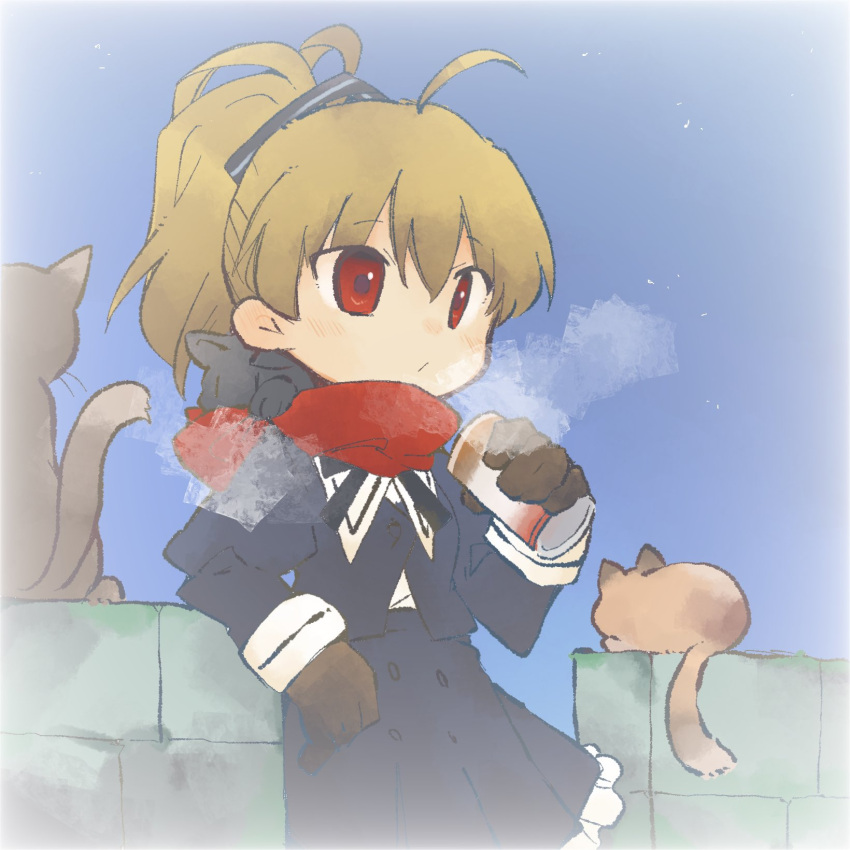 1girl ahoge andou_tazusa animal animal_on_shoulder arm_support assault_lily black_ribbon black_skirt blonde_hair blush breath brown_gloves can cat cat_on_shoulder chimney closed_mouth cowboy_shot cropped_jacket drink_can gloves hair_between_eyes hair_ribbon hand_up high-waist_skirt high_ponytail highres holding holding_can juliet_sleeves long_sleeves looking_ahead miniskirt night night_sky outdoors ponytail puffy_sleeves red_eyes red_scarf ribbon scarf school_uniform shirt short_hair skirt sky solo standing toyo_(sameden46) white_shirt yurigaoka_girls_academy_school_uniform
