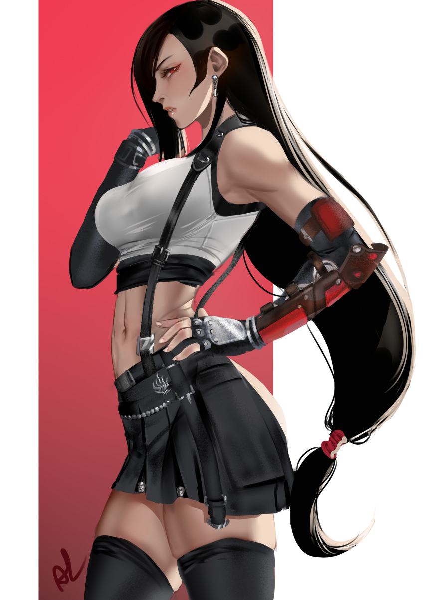 1girl absurdres arialla_draws artist_name black_hair black_sports_bra black_thighhighs breasts earrings elbow_gloves elbow_pads final_fantasy final_fantasy_vii final_fantasy_vii_remake fingerless_gloves gloves highres jewelry large_breasts long_hair looking_at_viewer low-tied_long_hair midriff miniskirt multicolored_background navel profile red_background red_eyes skirt solo sports_bra suspender_skirt suspenders tank_top taut_clothes thighhighs tifa_lockhart white_background white_tank_top zettai_ryouiki