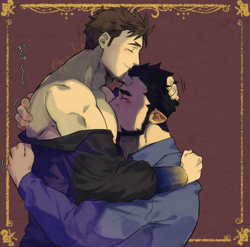 2boys bara bare_pectorals beard between_pectorals blush carrying carrying_person collared_shirt comforting couple face_to_pecs facial_hair from_side full_beard gold_border hand_on_another's_back hands_on_another's_head happy head_between_pecs large_pectorals live_a_hero male_focus male_protagonist_(live_a_hero) mature_male motion_lines multiple_boys muscular muscular_male nessen_(live_a_hero) nipples off_shoulder pectorals pmlial profile shirt short_hair sideburns smile sweatdrop thick_eyebrows upper_body yaoi