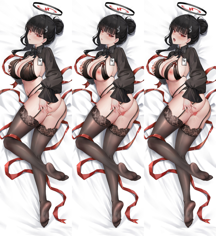 1girl alternate_costume alternate_hairstyle ass bed_sheet black_bra black_hair black_shirt black_thighhighs blue_archive blush bra breasts censored hair_bun hair_ornament hairpin halo heart heart_censor highres large_breasts long_hair long_sleeves multiple_views nipples open_mouth pussy red_eyes rio_(blue_archive) shirt single_hair_bun thighhighs tongue tongue_out twisted_torso underwear yaomiaomiao