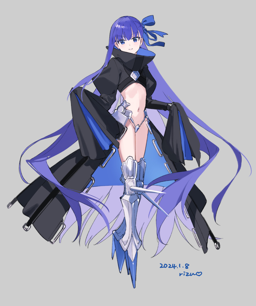 1girl armored_boots bad_link black_jacket blue_eyes blue_ribbon blush boots breasts cropped_jacket crotch_plate fate/grand_order fate_(series) full_body hair_ribbon highres jacket long_hair long_sleeves looking_at_viewer meltryllis_(fate) navel prosthesis prosthetic_leg purple_hair revision ribbon rizu033 sleeves_past_fingers sleeves_past_wrists small_breasts solo very_long_hair