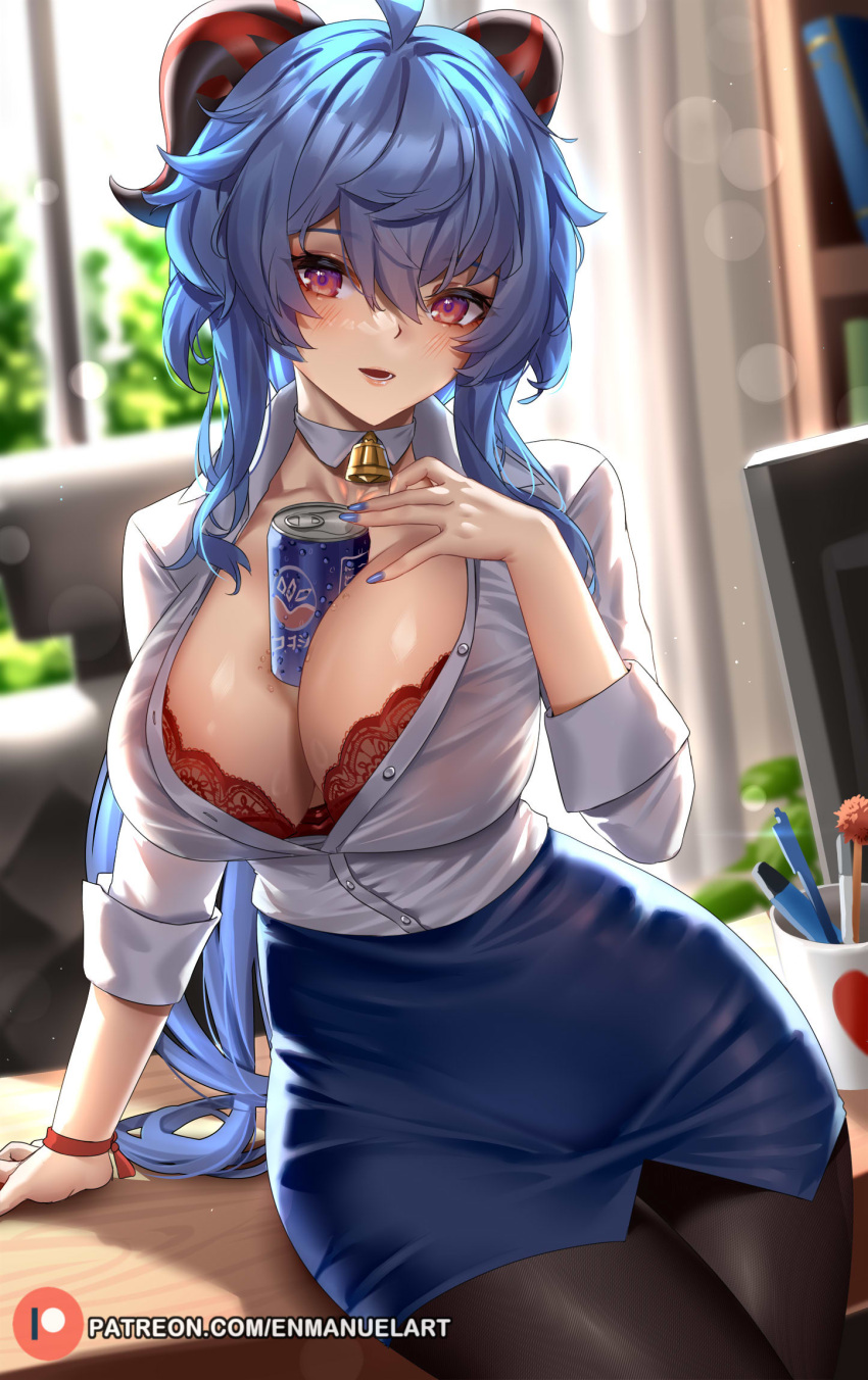 1girl ahoge alternate_costume arm_support bangs bell between_breasts black_pantyhose blue_hair blue_nails blue_skirt blurry blurry_background blush bra bra_peek brand_name_imitation breasts can cleavage collared_shirt commentary condensation contemporary cowboy_shot crossed_legs cup day dress_shirt english_commentary enmanuelart20 ganyu_(genshin_impact) genshin_impact goat_horns gradient_eyes hair_between_eyes hand_up high-waist_skirt highres horns indoors lace lace_bra large_breasts long_hair looking_at_viewer low_ponytail multicolored_eyes nail_polish neck_bell office_lady pantyhose parted_lips partially_unbuttoned patreon_logo patreon_username pen pencil_skirt ponytail purple_eyes red_bra shirt shirt_tucked_in sidelocks sitting skirt sleeves_rolled_up smile soda_can solo table taut_clothes taut_shirt underwear water_drop web_address white_shirt wristband