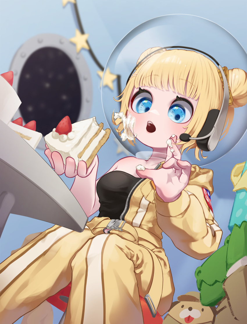 absurdres appleblossomtea astronaut black_tube_top blonde_hair blue_eyes breasts bubba_(watson_amelia) cake fishbowl_helmet food hair_bun highres holding holding_cake holding_food hololive hololive_english investigator_(amelia_watson) looking_at_viewer medium_breasts official_alternate_costume open_mouth single_hair_bun strapless strawberry_shortcake suit tube_top virtual_youtuber watson_amelia watson_amelia_(astronaut) yellow_suit