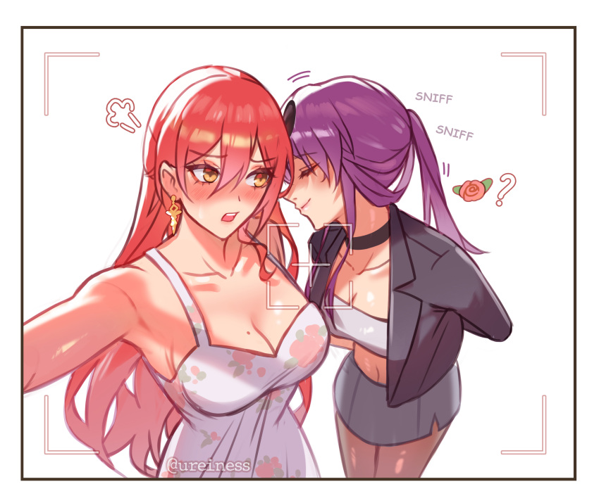 2girls absurdres blush breasts closed_eyes closed_mouth eyewear_on_head heart highres himeko_(honkai:_star_rail) honkai:_star_rail honkai_(series) kafka_(honkai:_star_rail) large_breasts long_hair mole mole_on_breast multiple_girls open_mouth purple_hair raion_rennes red_hair selfie smelling teeth tongue twitter_username upper_teeth_only viewfinder yellow_eyes yuri