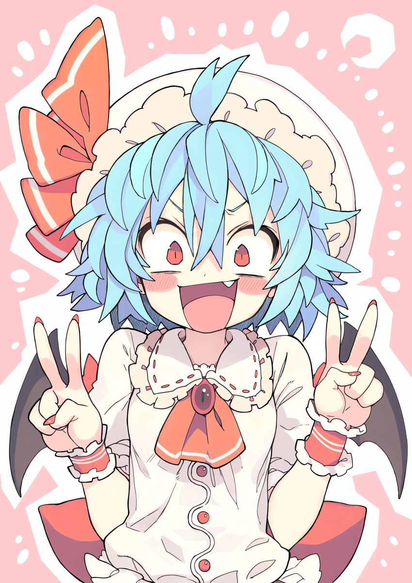 1girl :d absurdres ahoge bat_wings blouse blue_hair blush_stickers breasts brooch commentary double_v fang hat highres jewelry mob_cap morino_hon open_mouth red_eyes remilia_scarlet sash shirt short_hair small_breasts smile solo symbol-only_commentary touhou upper_body v v-shaped_eyebrows wide-eyed wings wrist_cuffs