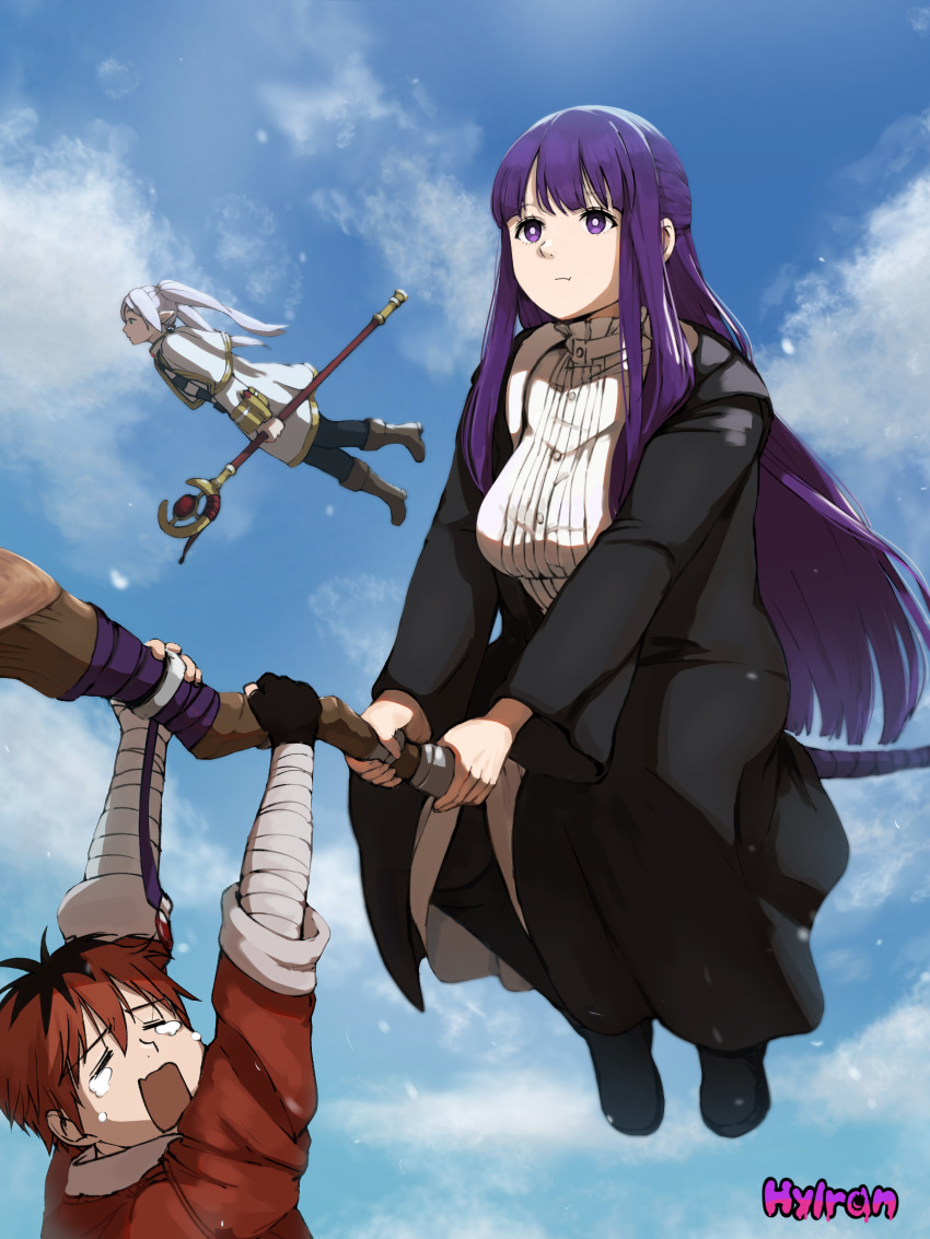 1boy 2girls :t absurdres breasts bright_pupils commentary crying elf fern_(sousou_no_frieren) flying frieren highres hylran0427 large_breasts long_hair multiple_girls pointy_ears purple_eyes purple_hair red_hair sousou_no_frieren staff_riding stark_(sousou_no_frieren) twintails white_pupils