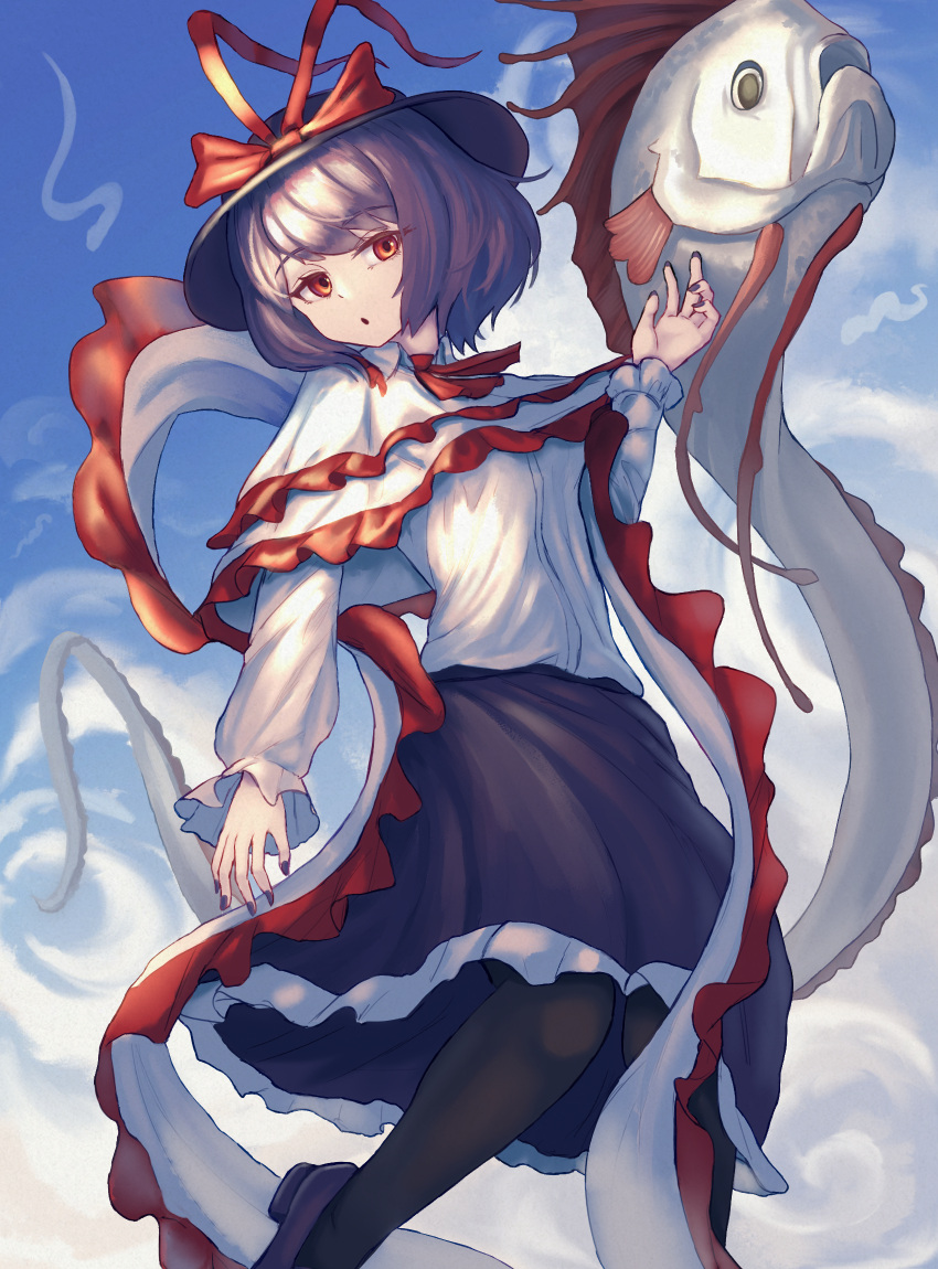 1girl ascot black_footwear black_headwear black_skirt blue_sky bow capelet cloud commentary fish full_body hat hat_bow highres long_sleeves looking_at_viewer nagae_iku oarfish open_mouth outdoors purple_hair pygrenix red_ascot red_bow red_eyes shirt short_hair skirt sky solo touhou white_capelet white_shirt
