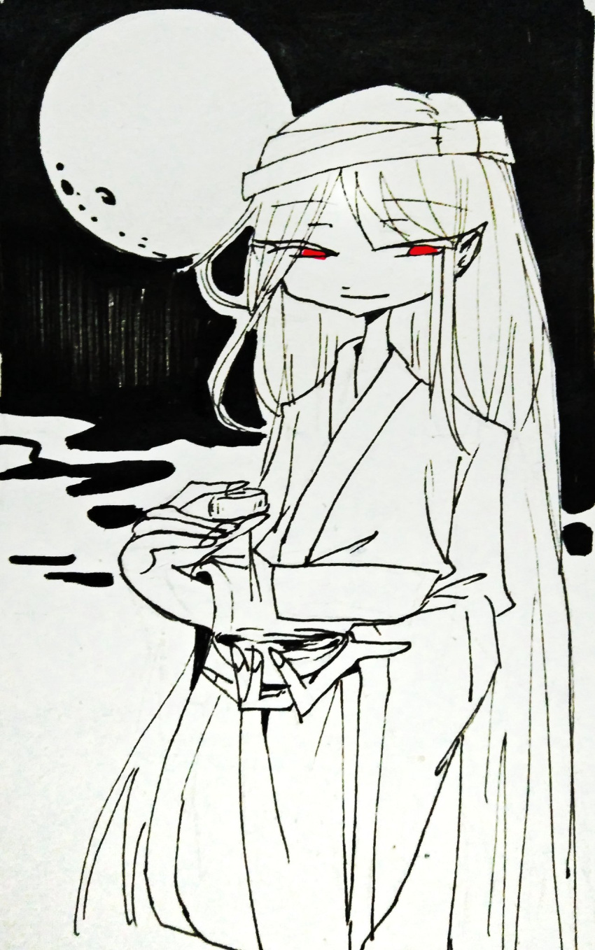 1other androgynous black_sky chinese_commentary closed_mouth commentary_request cup eyelashes feet_out_of_frame food full_body gud_490811 half-closed_eyes headband highres holding holding_cup holding_food japanese_clothes kimono len'en long_hair long_sleeves looking_at_viewer monochrome night night_sky other_focus pointy_ears red_eyes sakazuki sky smile solo spot_color straight_hair taira_no_fumikado traditional_media two-tone_background very_long_hair wide_sleeves