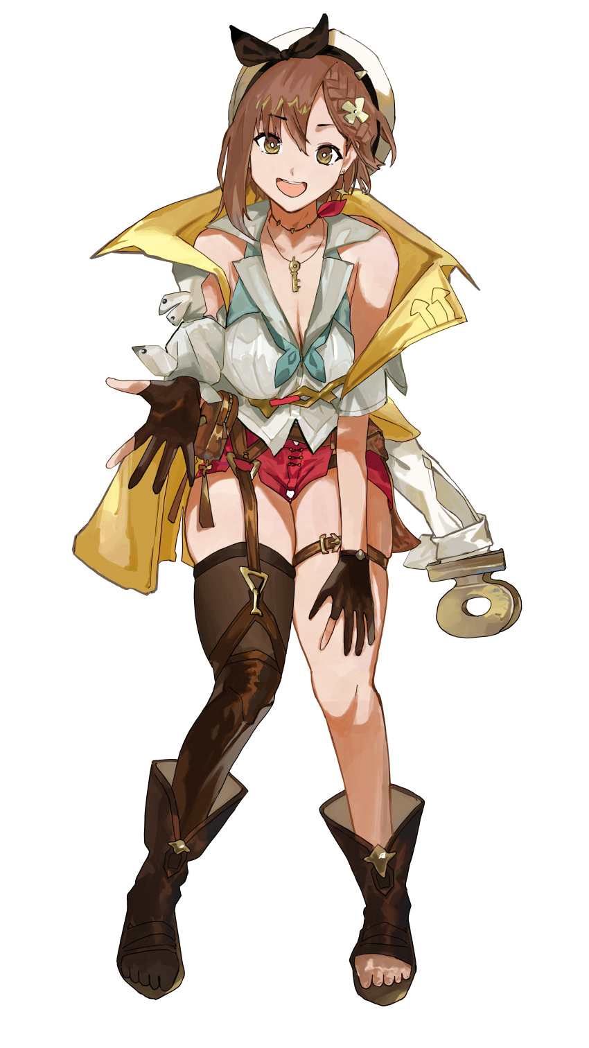1girl :d absurdres atelier_(series) atelier_ryza black_footwear black_gloves boots breasts brown_eyes brown_hair cleavage gloves hair_ornament highres jewelry large_breasts looking_at_viewer necklace partially_fingerless_gloves red_shorts reisalin_stout short_hair short_shorts shorts simple_background single_thighhigh smile solo thighhighs ushiwaka white_background white_headwear