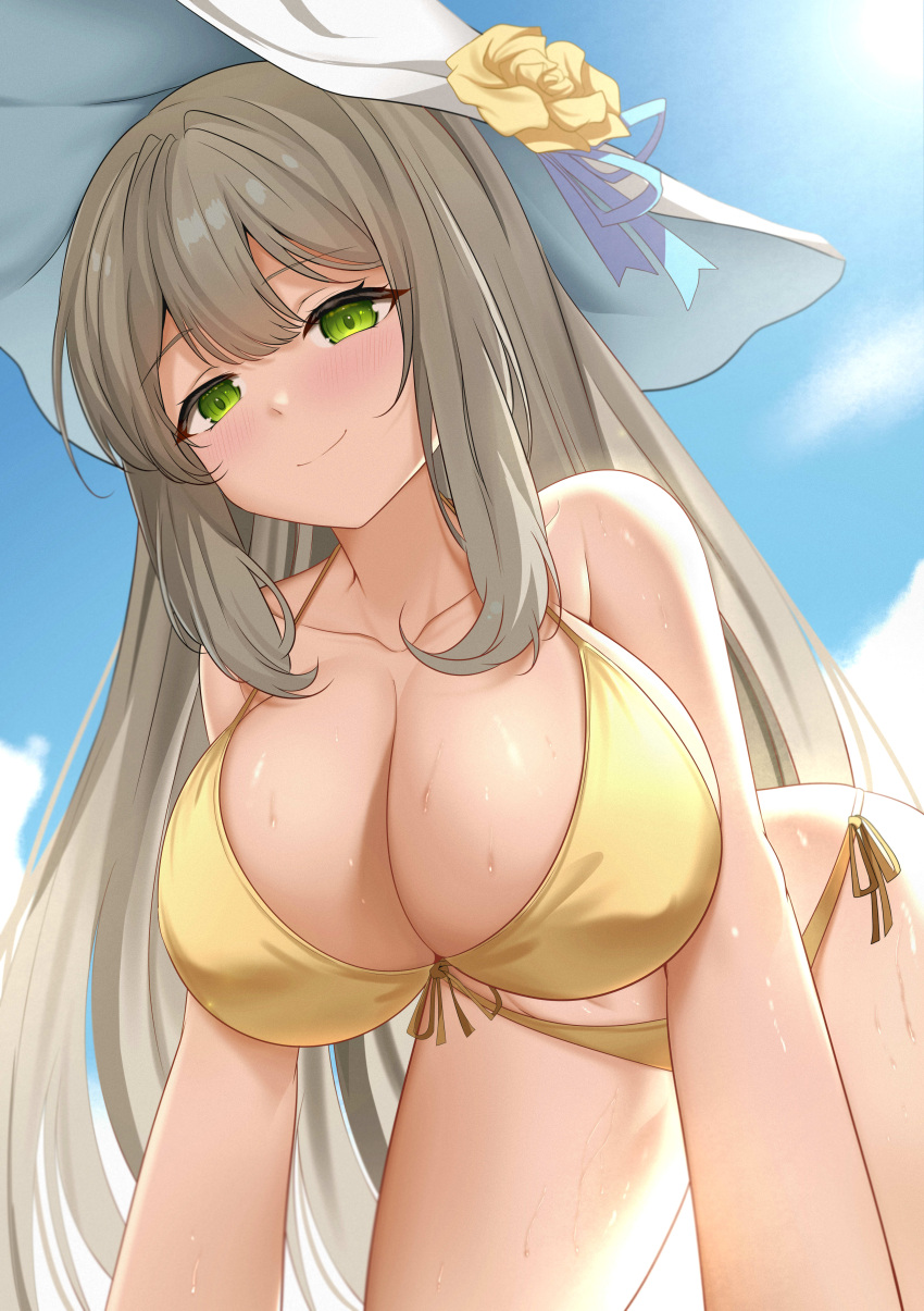 1girl absurdres all_fours bellfud bikini blue_archive blush breasts cleavage cloud cloudy_sky collar commentary day flower from_below front-tie_top hat hat_flower highres huge_breasts light_brown_hair long_hair looking_at_viewer nonomi_(blue_archive) nonomi_(swimsuit)_(blue_archive) outdoors sky smile sun_hat sweat swimsuit yellow_bikini