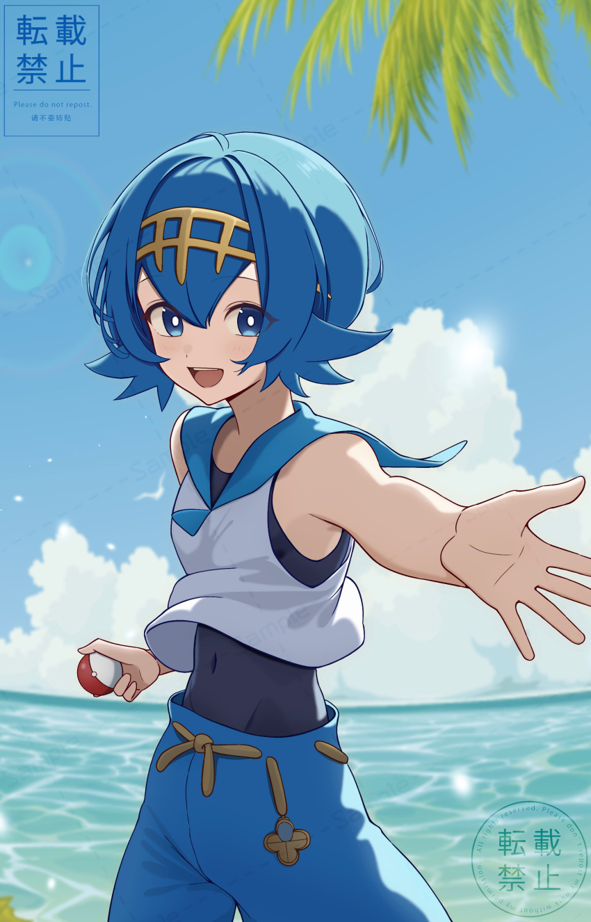 1girl :d absurdres blue_eyes blue_hair blue_pants blue_sailor_collar bright_pupils cloud commentary_request cowboy_shot day hairband highres holding holding_poke_ball lana_(pokemon) maizumi one-piece_swimsuit open_mouth outdoors outstretched_arm pants poke_ball poke_ball_(basic) pokemon pokemon_sm sailor_collar shirt short_hair sky sleeveless sleeveless_shirt smile solo swimsuit swimsuit_under_clothes teeth upper_teeth_only water white_pupils yellow_hairband