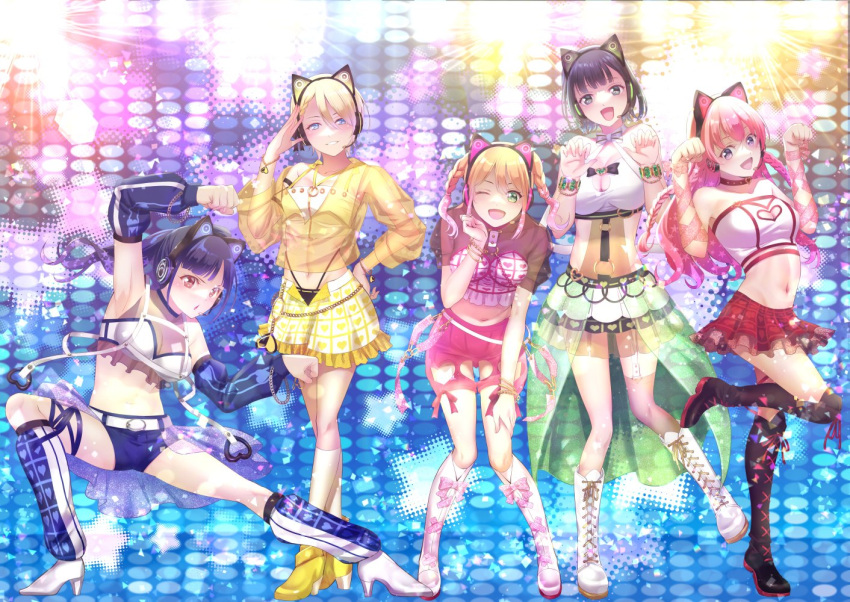 5girls animal_ear_headphones animal_ears bare_shoulders black_footwear blonde_hair blue_eyes blue_hair blue_shorts boots breasts cat_ear_headphones cleavage cleavage_cutout clenched_teeth clothing_cutout dark_blue_hair fake_animal_ears frilled_skirt frills green_eyes hands_up headphones heart_cutout high_heel_boots high_heels hououji_akane idol_clothes large_breasts long_hair looking_at_viewer makuzawa_ouka megami_no_kafeterasu miniskirt multiple_girls navel official_art one_eye_closed ono_shiragiku open_mouth orange_eyes paw_pose pink_hair pink_skirt purple_eyes red_skirt seo_kouji shirt short_hair shorts skirt skirt_cutout standing standing_on_one_leg strapless teeth thigh_boots thighs tsukishima_riho tsuruga_ami tube_top white_footwear white_skirt white_tube_top yellow_shirt yellow_skirt