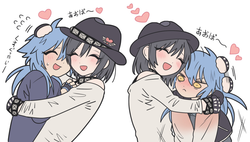 2boys :d ^_^ black_hair black_headwear blue_hair blue_shirt blush closed_eyes closed_mouth dramatical_murder facing_another frown hair_between_eyes hat headpat heart highres hug long_hair long_sleeves male_focus meremero multiple_boys multiple_views open_mouth sei_(dramatical_murder) seragaki_aoba shirt short_hair simple_background smile sweatdrop upper_body white_background white_shirt yaoi yellow_eyes