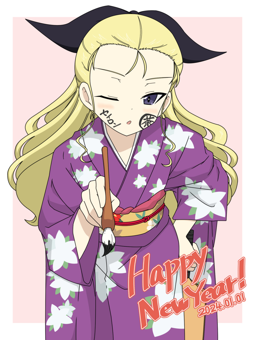 1girl assam_(girls_und_panzer) blonde_hair blue_eyes calligraphy_brush commentary dated english_text facepaint floral_print frown furisode girls_und_panzer hair_pulled_back hand_on_own_hip happy_new_year highres holding holding_brush ichinose_jun japanese_clothes kimono long_hair long_sleeves looking_at_viewer new_year obi one_eye_closed open_mouth paintbrush pink_kimono print_kimono sash solo standing wide_sleeves