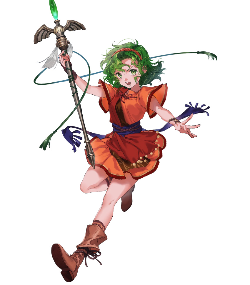 1girl blue_sash boots bracelet brown_footwear dress fire_emblem fire_emblem:_thracia_776 fire_emblem_heroes full_body green_eyes green_hair highres holding holding_staff jewelry medium_hair non-web_source official_art open_mouth red_dress sash solo staff tina_(fire_emblem) v-shaped_eyebrows