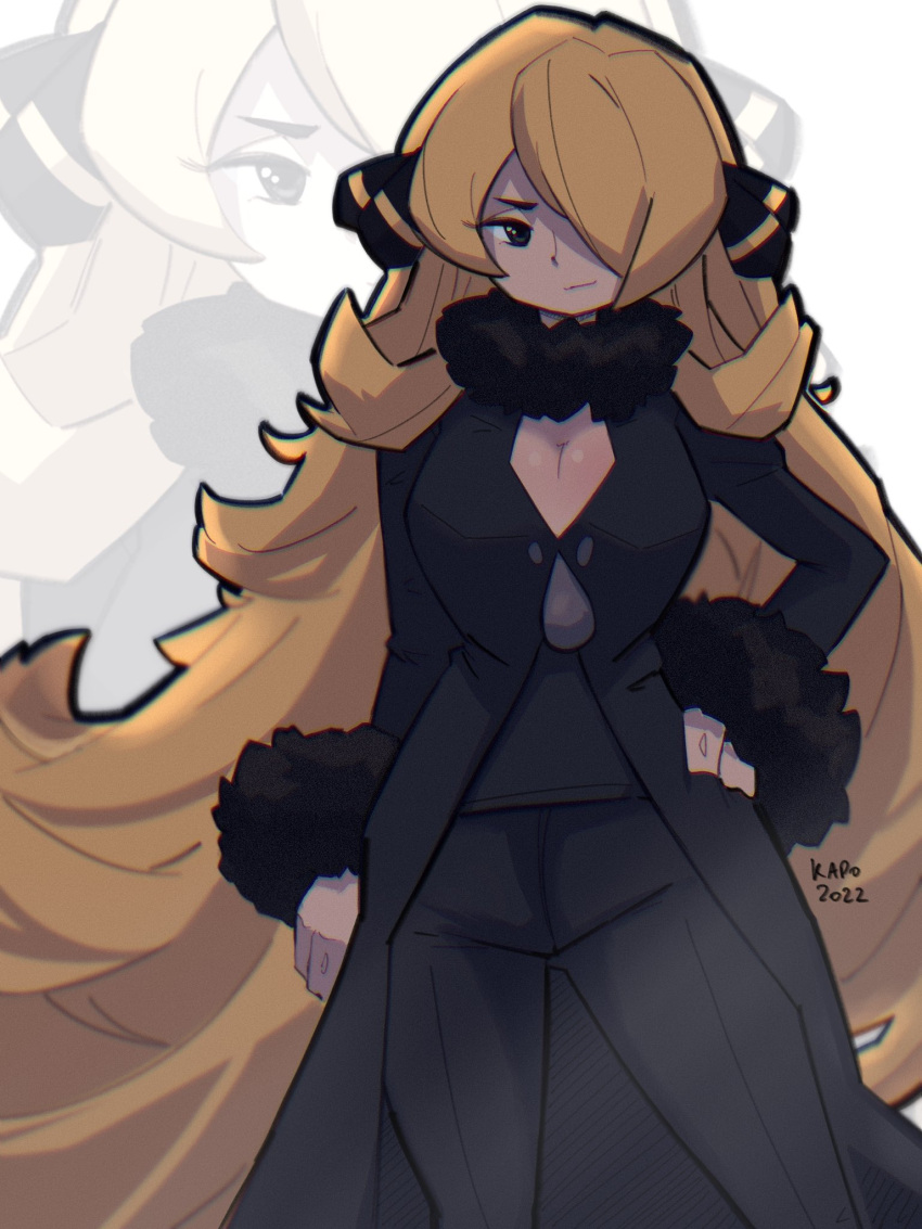 1girl 2022 black_pants blonde_hair breasts cleavage coat cynthia_(pokemon) fur-trimmed_coat fur_trim grey_eyes hair_over_one_eye hand_on_own_hip highres kap.o long_hair looking_at_viewer pants pokemon pokemon_dppt signature solo very_long_hair zoom_layer