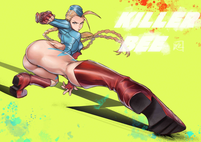 1girl absurdres ahoge ass blonde_hair blue_eyes blue_leotard bodypaint boots braid breasts brown_footwear cammy_white camouflage clenched_hand closed_mouth commentary_request fingerless_gloves full_body garrison_cap gloves hat highleg highleg_leotard highres juaag_acgy knee_boots leotard long_hair long_sleeves looking_at_viewer medium_breasts red_gloves solo street_fighter street_fighter_zero_(series) thighs twin_braids yellow_background