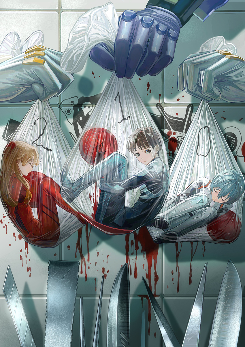 absurdres angel_(evangelion) ayanami_rei bag blood blue_hair brown_hair closed_eyes closed_mouth core evangelion_(mecha) highres holding hugging_own_legs ikari_shinji ikuta41 interface_headset kitchen_knife knife leliel_(evangelion) lilith_(evangelion) long_hair mini_person miniboy minigirl neon_genesis_evangelion orange_hair plastic_bag plugsuit sachiel_(evangelion) sahaquiel_(evangelion) short_hair souryuu_asuka_langley symbolism tile_wall tiles