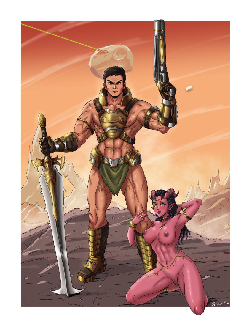 1boy 1girl a_princess_of_mars absurdres adapted_costume alternate_costume armlet armor armored_boots armored_gloves barbarian barsoom belly_chain body_jewelry boots bracelet breasts charleian charleianbrown choker collar colored_skin cosplay costume crossover crucible_(doom) dahlia dahlia_(day_of_wrath) dejah_thoris demon demon_girl demon_horns desert doom_(2016) doom_(series) doom_eternal doomguy fantasy gauntlets gold gold_bracelet gold_collar gold_ring gun headband headgear highres holding holding_another's_leg holding_gun holding_leg holding_sword holding_weapon horns jewelry kneeling leg_grab loincloth long_hair looking_at_viewer mars_(planet) medium_breasts midriff mountain multiple_rings muscular muscular_male necklace nipples nude orange_eyes original outdoors panties pelvic_curtain pussy red_skin revealing_clothes ring sand sandals science_fiction shotgun smile solo sword tiefling underwear weapon yellow_eyes