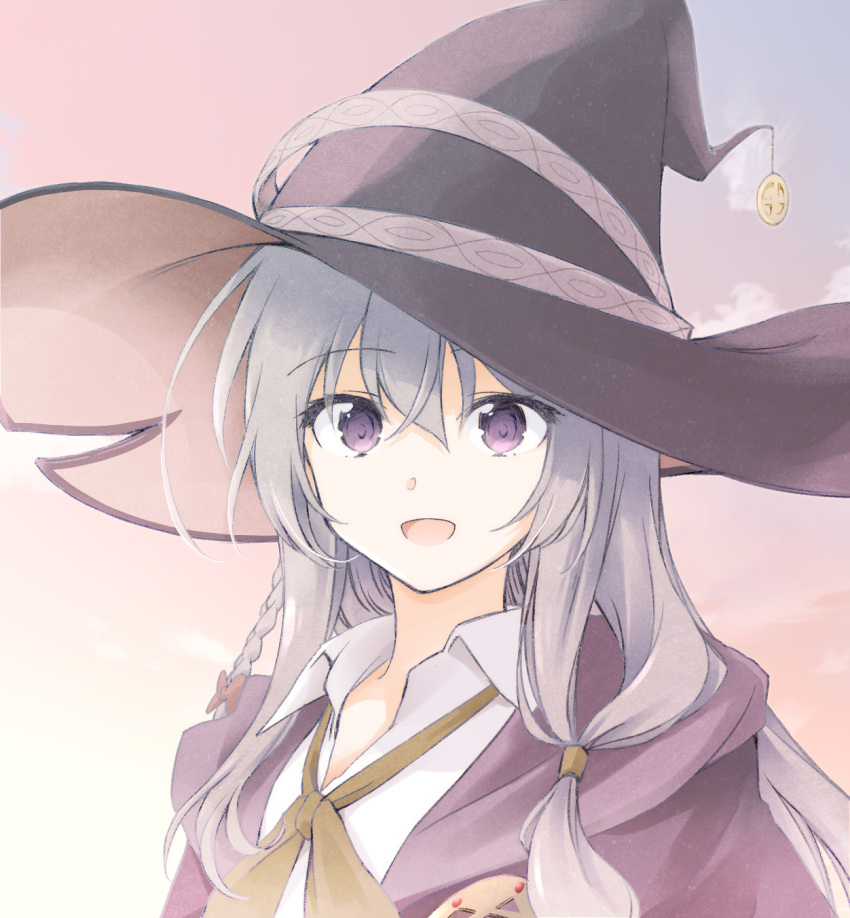 1girl :d black_headwear bow bowtie braid collared_shirt elaina_(majo_no_tabitabi) grey_hair hat highres large_hat long_hair looking_at_viewer majo_no_tabitabi natsushi open_clothes open_mouth open_robe outdoors purple_eyes red_bow robe shirt smile solo white_shirt witch_hat yellow_bow yellow_bowtie