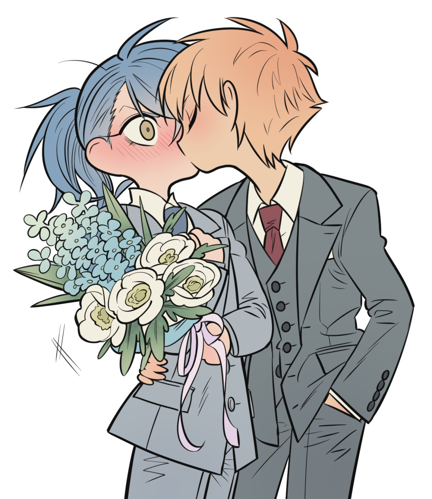 2boys alternate_costume alternate_hairstyle blonde_hair blue_hair blush bouquet closed_eyes collared_shirt dramatical_murder grey_jacket grey_pants groom hand_in_pocket hand_on_another's_waist highres holding holding_bouquet husband_and_husband jacket kiss long_sleeves male_focus meremero multiple_boys necktie noiz_(dramatical_murder) pants ponytail red_necktie seragaki_aoba shirt short_hair simple_background suit surprised white_background white_shirt yaoi yellow_eyes