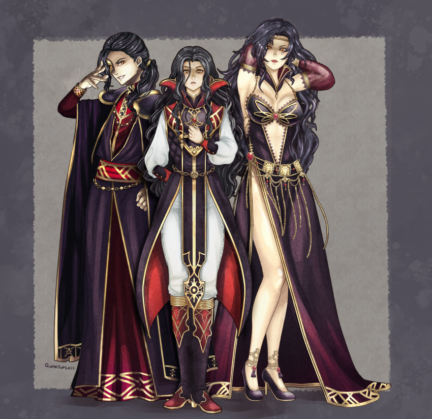 1girl 2boys absurdres androgynous anklet black_dress black_hair boots breasts cape circlet cleavage detached_sleeves dress ephidel_(fire_emblem) fire_emblem fire_emblem:_the_blazing_blade gem high_heels highres jewelry limstella_(fire_emblem) lipstick long_hair long_sleeves looking_at_viewer makeup mature_female multiple_boys one_eye_covered open_mouth pants plunging_neckline quotedotlass red_gemstone shirt side_slit simple_background smile sonia_(fire_emblem) tassel thighs white_pants white_shirt yellow_eyes