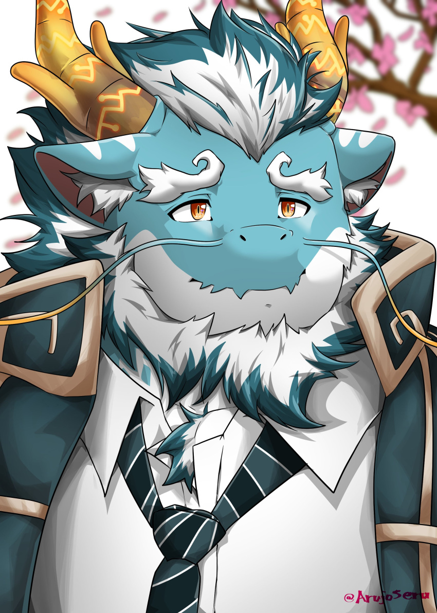 absurd_res anthro arujoseru blue_body chinese_zodiac dragon hair hi_res lifewonders male mature_male necktie new_year_2024 qinglong solo tokyo_afterschool_summoners white_hair year_of_the_dragon yellow_eyes