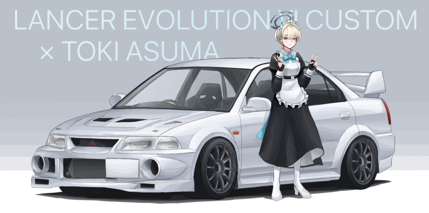 apron belt black_belt black_dress black_gloves blonde_hair blue_archive blue_bow boots bow bun_cover car double_v dress fingerless_gloves full_body gloves hair_bun halo highres maid maid_headdress mitsubishi_lancer_evolution mitsubishi_motors motor_vehicle shadow single_hair_bun spoiler_(automobile) standing toki_(blue_archive) v vehicle_focus white_apron white_footwear yuuki_(abekobenanda)