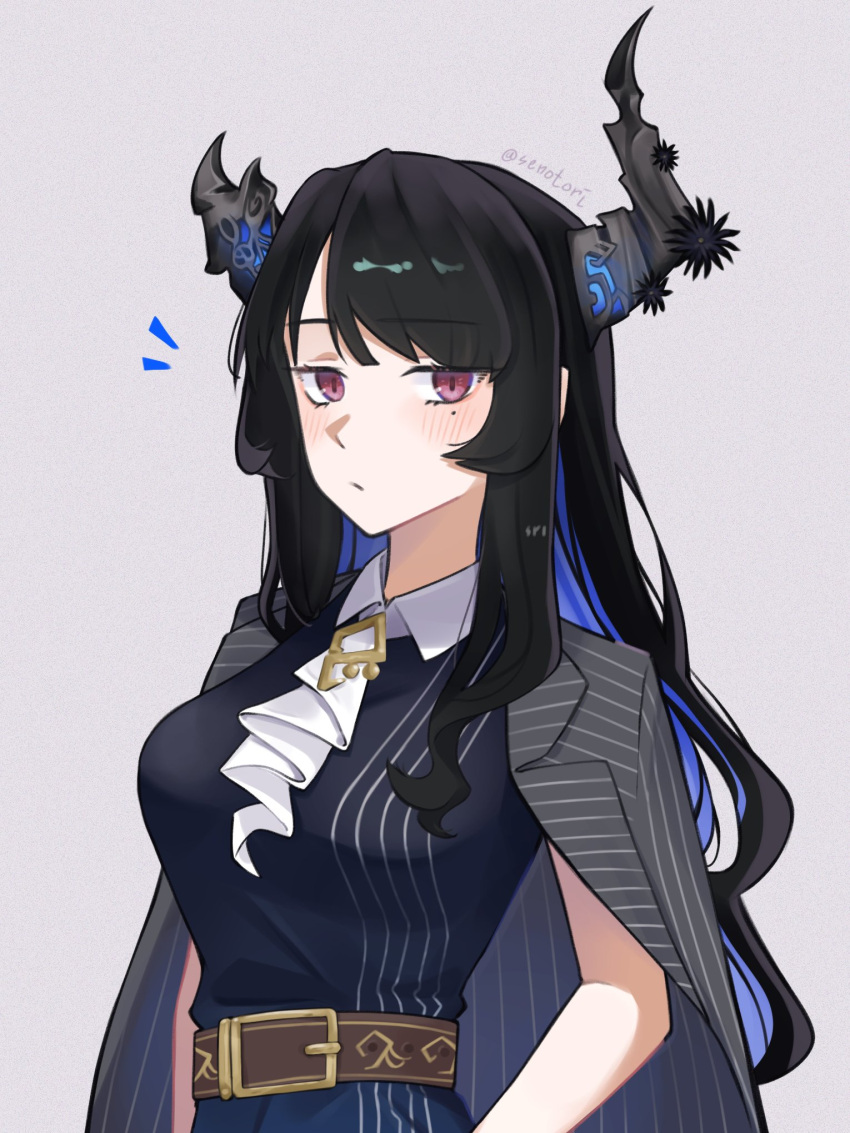 1girl alternate_costume artist_name asymmetrical_horns belt black_hair blue_hair blush breasts colored_inner_hair demon_horns expressionless formal highres hololive hololive_english horns jacket jacket_on_shoulders long_hair looking_at_viewer mole mole_under_eye multicolored_hair nerissa_ravencroft red_eyes solo suit_jacket toseno twitter_username two-tone_hair uneven_horns upper_body virtual_youtuber