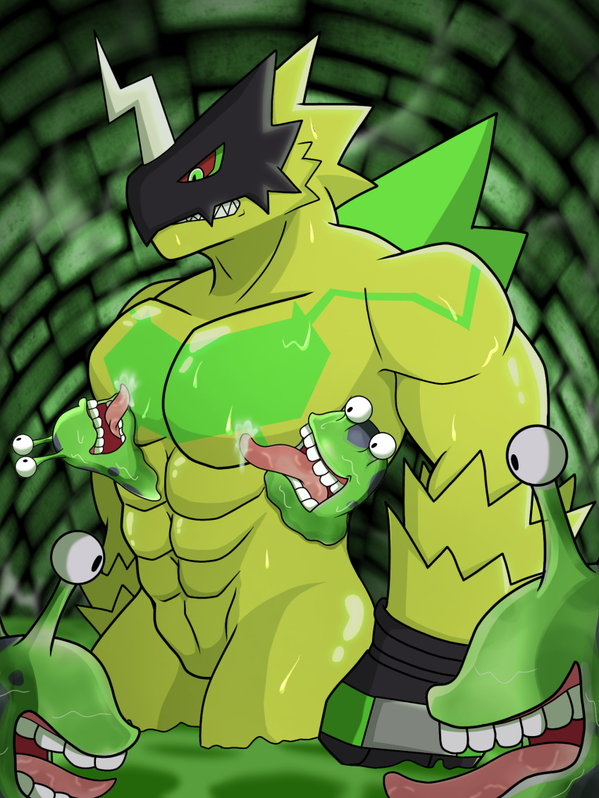 abs anthro athletic athletic_anthro athletic_male bandai_namco bulkmon digimon digimon_(species) dragokaizer666 gastropod goo_creature hi_res licking male mollusk muscular muscular_anthro muscular_male numemon pecs slime slug tongue tongue_out