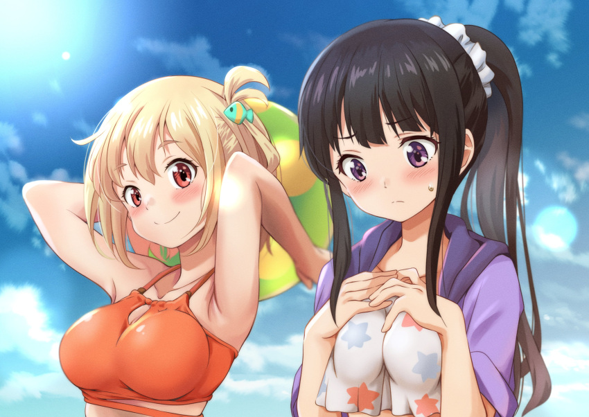 2girls absurdres armpits ball beachball bikini black_hair blonde_hair blue_sky blush breast_conscious breasts cloud cloudy_sky day fish_hair_ornament hair_ornament highres inoue_takina kurumiyasan_ns large_breasts long_hair lycoris_recoil medium_breasts multiple_girls nishikigi_chisato outdoors ponytail purple_eyes red_eyes scrunchie short_hair sky smile sunlight sweatdrop swimsuit