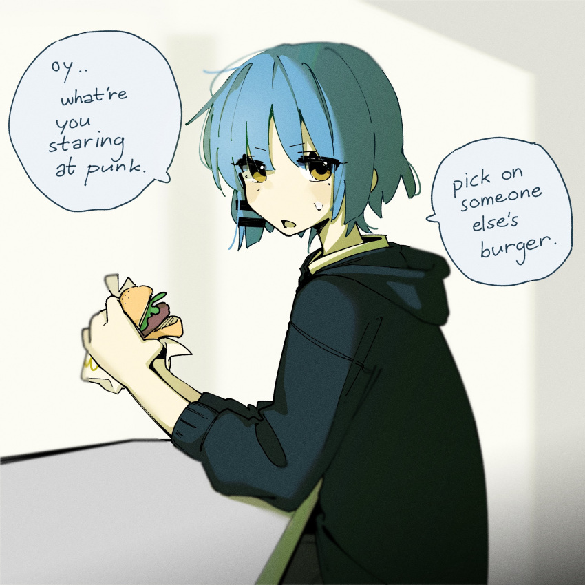 1girl absurdres blue_hair blush bocchi_the_rock! burger english_text food highres holding holding_food looking_at_viewer machuuu68 medium_hair mole mole_under_eye sitting sweat sweatdrop yamada_ryo yellow_eyes yuri