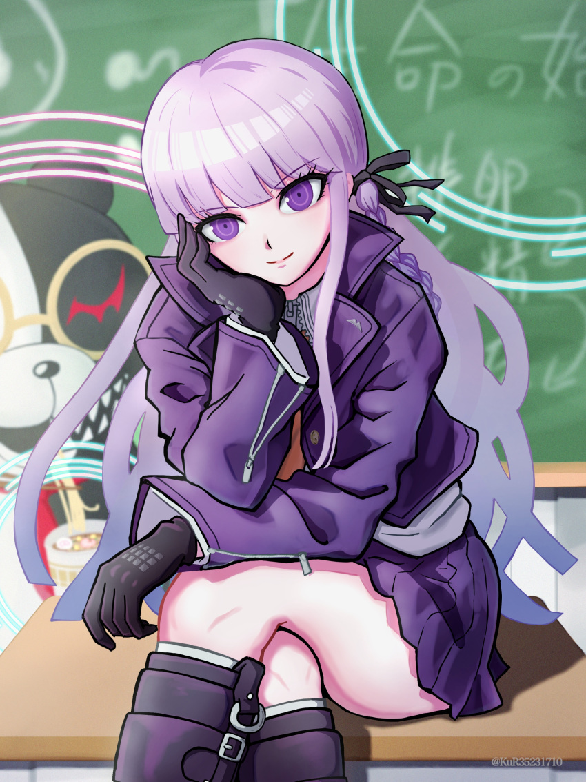 1girl absurdres artist_name aruke_(gter7727) black_footwear black_gloves black_ribbon braid chalkboard closed_mouth danganronpa:_trigger_happy_havoc danganronpa_(series) gloves hair_ribbon highres jacket kirigiri_kyoko long_hair monokuma pink_hair purple_eyes purple_jacket ribbon side_braid smile solo