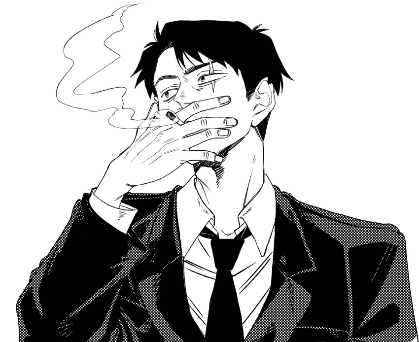 1boy adam's_apple cigarette collared_shirt covering_mouth gegege_no_kitarou greyscale hand_up highres holding holding_cigarette jacket kitarou_tanjou:_gegege_no_nazo long_sleeves looking_to_the_side male_focus mizuki_(gegege_no_kitarou) monochrome nanokame necktie raised_eyebrow scar scar_across_eye screentones shirt short_hair simple_background smoke_trail smoking solo suit suit_jacket upper_body very_short_hair