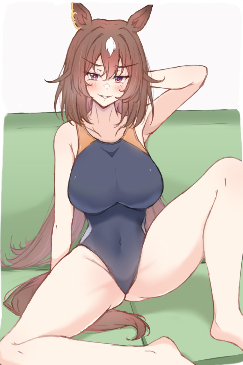 1girl absurdres alternate_costume animal_ears arm_up armpits bare_shoulders barefoot black_one-piece_swimsuit brown_hair commentary_request couch ear_ornament grin hair_between_eyes highres himuraanzu horse_ears horse_girl horse_tail long_hair looking_at_viewer multicolored_hair on_couch one-piece_swimsuit red_eyes simple_background sirius_symboli_(umamusume) smile solo spread_legs streaked_hair swimsuit tail textless_version umamusume very_long_hair white_background white_hair