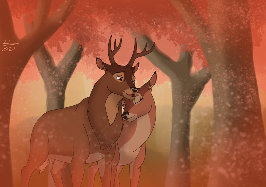 antlers autumn balls bambi's_mother bambi_(film) capreoline cervid cervine digital_media_(artwork) disney duo eyes_closed female feral forest forest_background fur genitals hi_res horn love male male/female mammal nature nature_background nuzzling plant reinderworld rutting the_great_prince_of_the_forest tree white-tailed_deer