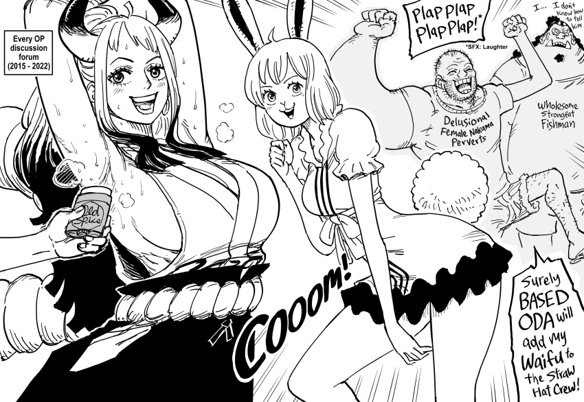 5_fingers absurd_res anthro baalbuddy biped breasts carrot_(one_piece) clothed clothing deodorant english_text eyebrows eyes_closed female fingers group hair hi_res horn horned_humanoid human humanoid humor jinbe lagomorph leporid male mammal monochrome muscular muscular_human muscular_male old_spice one_piece open_mouth open_smile rabbit shirt smile text text_on_clothing text_on_shirt text_on_topwear topwear yamato_(one_piece)