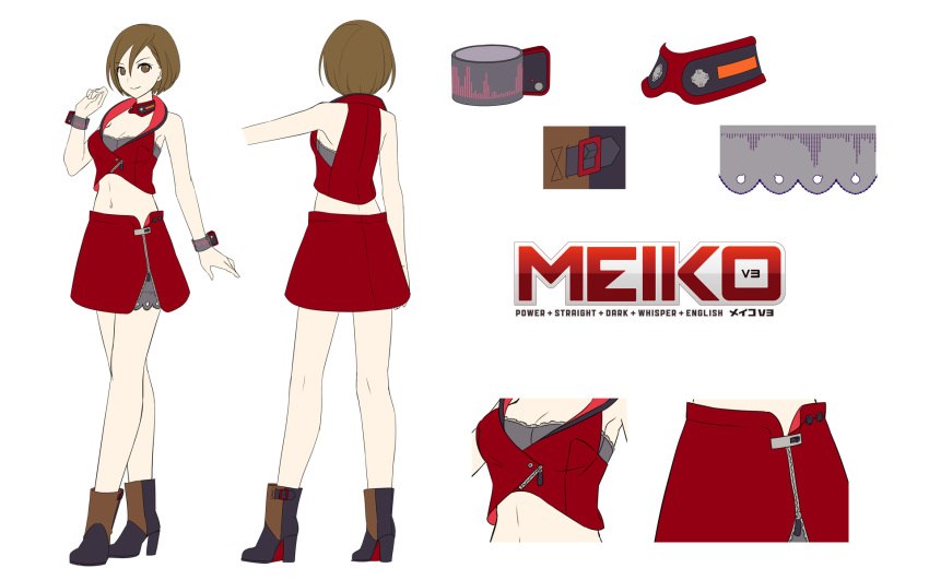 1girl bob_cut boots breasts brown_eyes brown_hair choker colored_shoe_soles crop_top crossed_legs hair_behind_ear hair_between_eyes hand_up high_heels highres ixima lapels logo medium_breasts meiko meiko_(vocaloid3) miniskirt multiple_views navel official_art red_shirt red_skirt reference_sheet see-through shirt short_hair side_slit skirt standing turnaround v-neck vocaloid watson_cross wrist_cuffs zipper