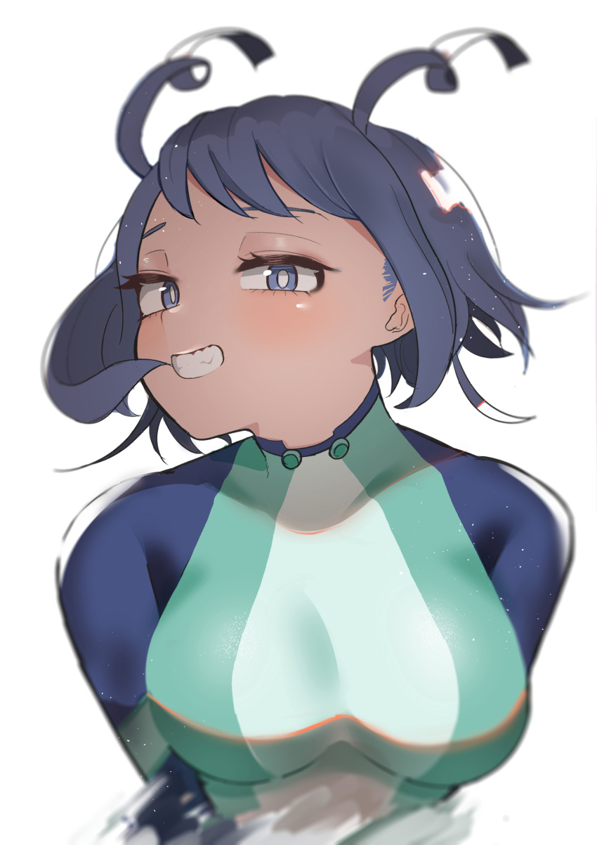 1girl absurdres blue_bodysuit blue_eyes blue_hair bodysuit boku_no_hero_academia bright_pupils drill_hair green_bodysuit grin hadou_nejire highres looking_at_viewer multicolored_bodysuit multicolored_clothes official_alternate_hair_length official_alternate_hairstyle short_hair smile solo teeth twin_drills white_background white_pupils zd_(pixiv6210083)