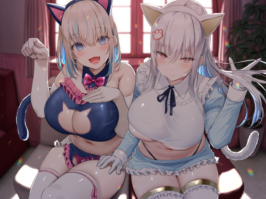 2girls animal_ears bangs black_shirt blonde_hair blue_eyes blue_hair blue_skirt breasts cat_ears cat_tail cleavage closed_mouth collared_shirt couch curtains detached_collar fang frilled_skirt frills hand_on_another's_thigh highleg highleg_panties highres indoors large_breasts looking_at_viewer miniskirt multicolored_hair multiple_girls navel no_bra non-web_source oekakizuki open_mouth original panties paw_hair_ornament paw_pose red_eyes shirt sitting skirt smile stomach streaked_hair sunlight tail thighhighs two-tone_hair two-tone_shirt underboob underwear white_hair white_shirt window