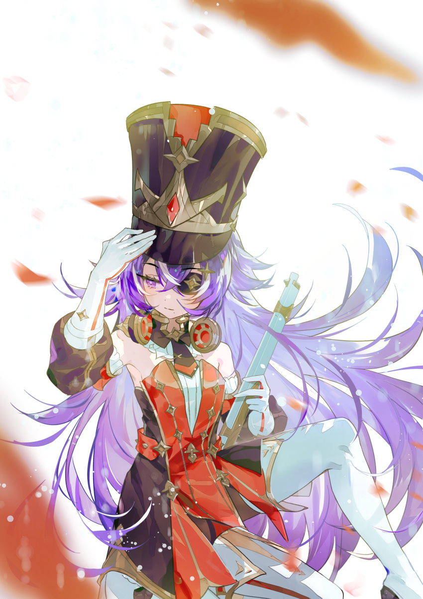 1girl absurdres bare_shoulders chevreuse_(genshin_impact) detached_sleeves dress dynamic_pose earmuffs earmuffs_around_neck eyepatch genshin_impact gun hat highres holding holding_gun holding_weapon long_hair multicolored_hair on_one_knee purple_eyes purple_hair red_dress shako_cap simple_background streaked_hair two-tone_hair very_long_hair weapon white_background white_hair zishengtian123