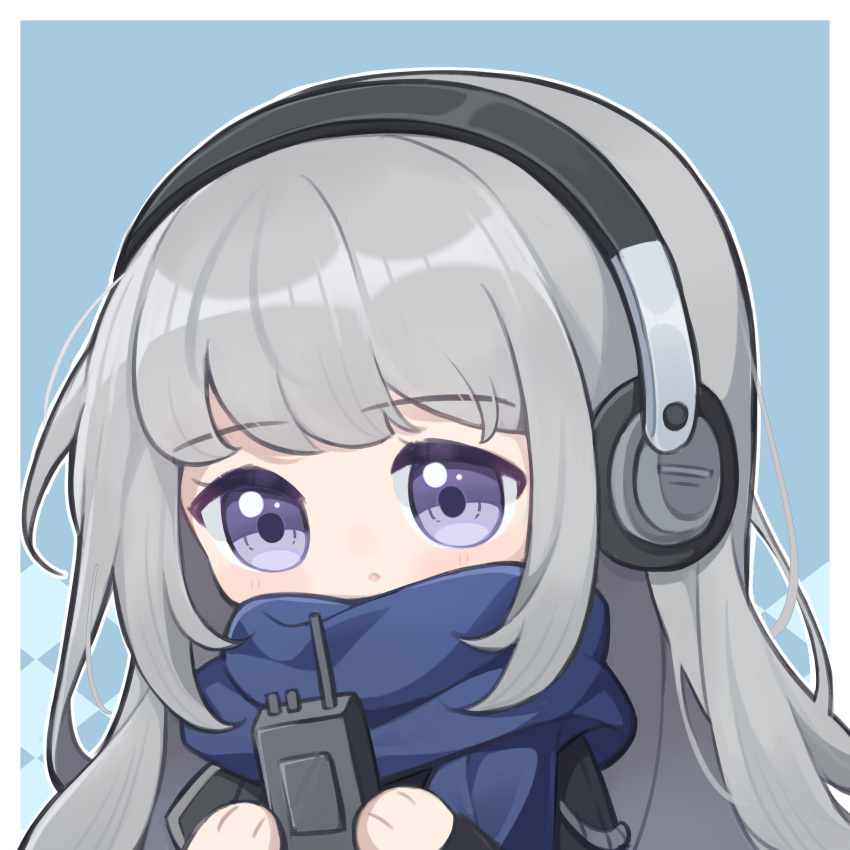 1girl :o absurdres ai_chi_guobaoyou bkornblume black_dress blue_background blue_eyes blue_scarf chibi dress grey_hair hands_up headphones highres holding_walkie-talkie long_hair looking_at_viewer reverse:1999 scarf solo upper_body walkie-talkie