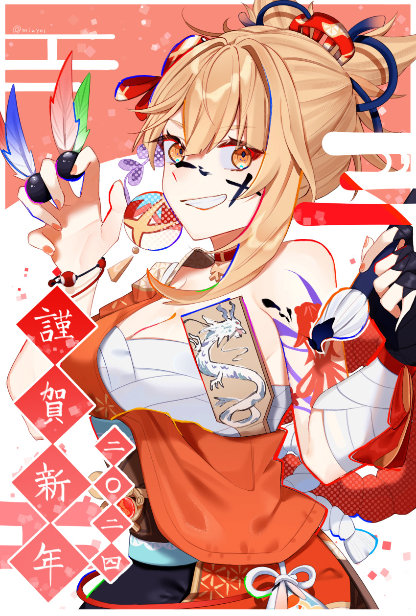 1girl arm_tattoo bandages black_sash blonde_hair breasts calligraphy_brush chest_sarashi cleavage commentary_request facial_mark feathers genshin_impact grin highres holding holding_brush japanese_clothes kimono long_hair looking_at_viewer medium_breasts nyayou_amanatto obi orange_kimono paintbrush sarashi sash smile solo tattoo upper_body yellow_eyes yoimiya_(genshin_impact)