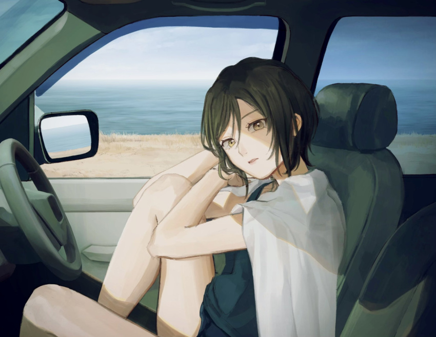 1girl beach black_hair brown_eyes car_interior highres horizon knee_up looking_at_viewer original shadow shirt short_hair solo utsuwa0120 water white_shirt