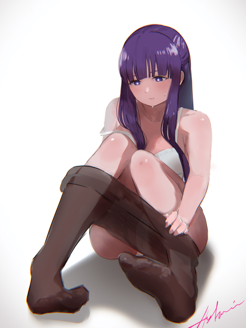 1girl absurdres black_pantyhose blunt_bangs bra breasts bright_pupils closed_mouth clothes_pull collarbone cut_bangs fern_(sousou_no_frieren) full_body gradient_background highres hylran0427 knees_up large_breasts long_hair pantyhose pantyhose_pull purple_eyes purple_hair shiny_skin signature simple_background sitting sousou_no_frieren strap_slip sweat underwear undressing white_bra