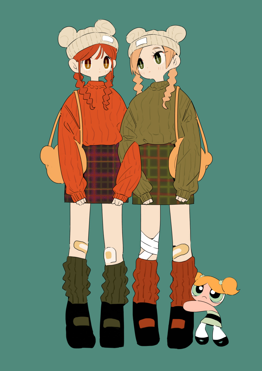 2girls absurdres aqua_background bandaged_leg bandages black_footwear blonde_hair braid brown_eyes bubbles_(ppg) expressionless full_body green_eyes highres leg_warmers locked_arms long_sleeves looking_ahead low_twin_braids mary_janes maymay_pic multiple_girls original plaid plaid_skirt red_hair shoes simple_background skirt sleeves_past_wrists standing sweater turtleneck turtleneck_sweater twin_braids unmoving_pattern
