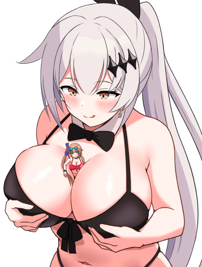 2girls bikini breasts breasts_squeezed_together fal_(girls'_frontline) five-seven_(girls'_frontline) giant giantess girls'_frontline highres large_breasts long_hair multiple_girls person_between_breasts size_difference sukoyugiri swimsuit white_hair