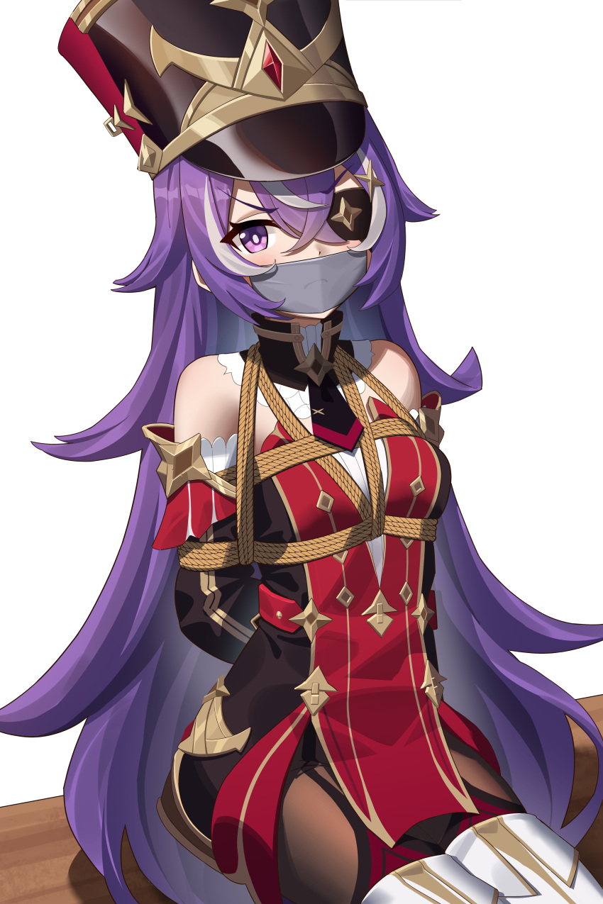 1girl absurdres bare_shoulders bdsm blush bondage bound chevreuse_(genshin_impact) dress eyepatch frown gag genshin_impact hat highres improvised_gag long_hair looking_at_viewer mihoyo multicolored_hair purple_eyes purple_hair red_dress restrained see-through shako_cap shibari streaked_hair tape tape_gag two-tone_hair very_long_hair white_hair wo_cao_xiao